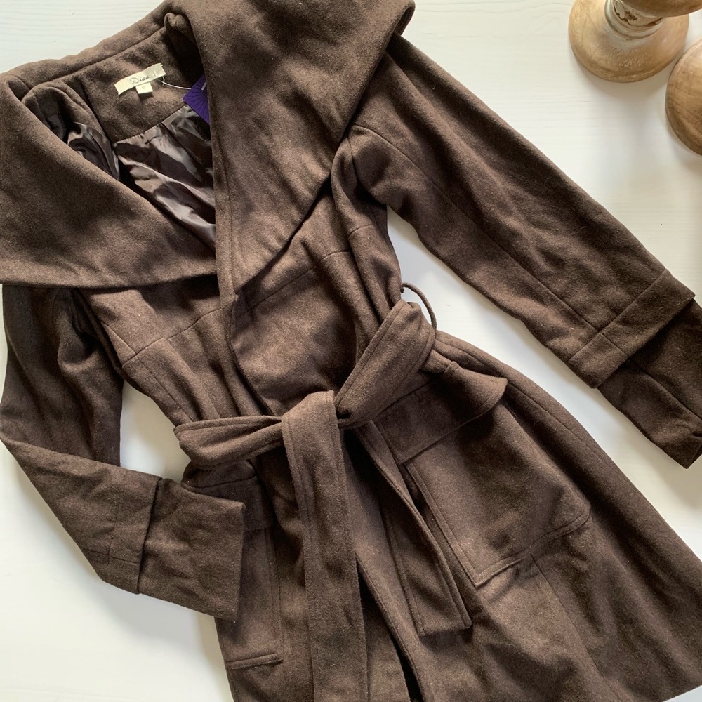 NWT Dark Brown Faux Wool Wrap-Tie Coat - Picture 11 of 13